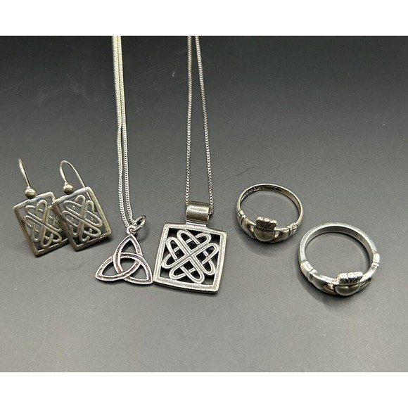 Sterling Silver Irish Celtic LOT~ 2 Necklaces, Earrings & 2 Claddaugh Rings 17g - Picture 1 of 16